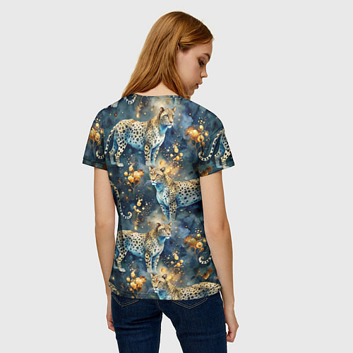 Женская футболка Леопард и золотые капли на синем фоне / 3D-принт – фото 4