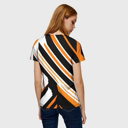 Женская футболка Чёрно-оранжевые полосы на белом фоне / 3D-принт – фото 4
