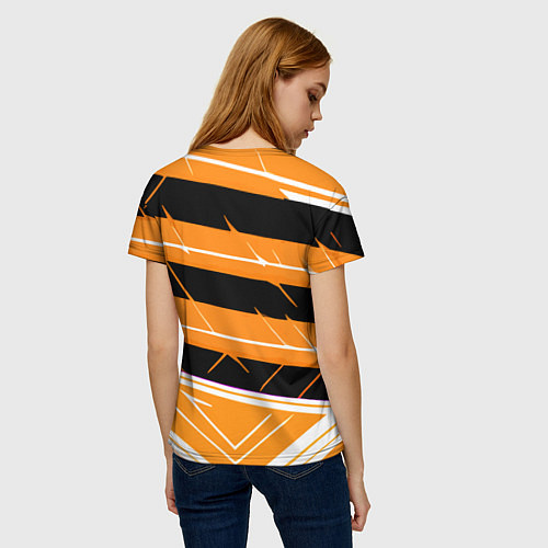 Женская футболка Чёрно-белые полосы на оранжевом фоне / 3D-принт – фото 4