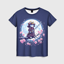 Женская футболка Котёнок самурай - цветущая сакура