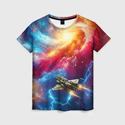 Женская футболка Космолёт в неоновом космосе