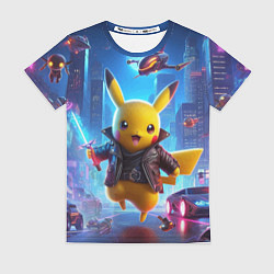 Футболка женская Кибер Пикачу в неоновом городе - нейросеть, цвет: 3D-принт