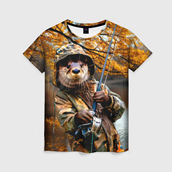 Женская футболка Выдра на осенней рыбалке