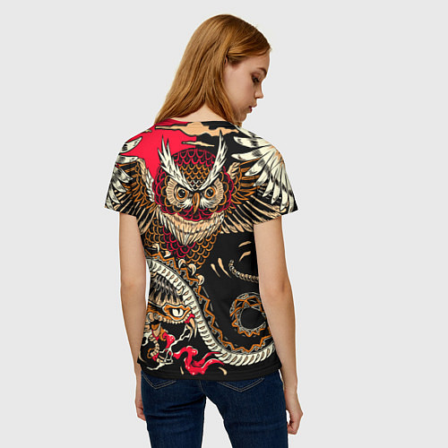 Женская футболка Сова и змея - японский стиль / 3D-принт – фото 4