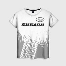 Футболка женская Subaru speed на светлом фоне со следами шин посере, цвет: 3D-принт