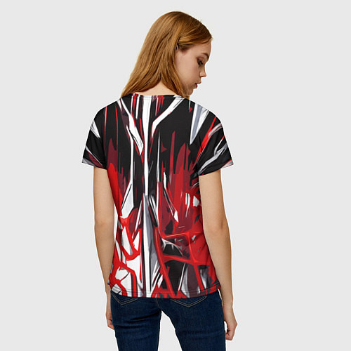 Женская футболка Красно-белая хаотичная абстракция на чёрном фоне / 3D-принт – фото 4
