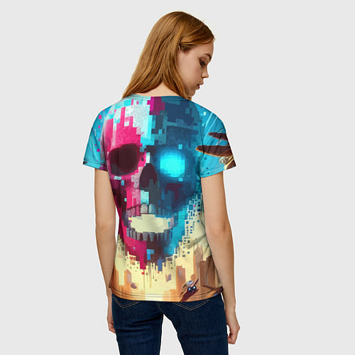 Женская футболка Cool vanguard neon cyber skull - ai art / 3D-принт – фото 4