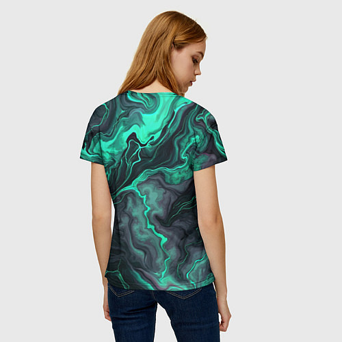 Женская футболка Бирюзовый мрамор на черном фоне / 3D-принт – фото 4