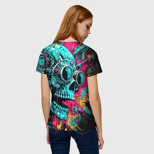 Женская футболка Cyber skull sketch - color blots / 3D-принт – фото 4