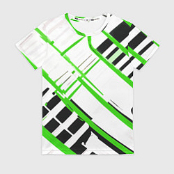 Футболка женская Зелёно-чёрные полосы на белом фоне, цвет: 3D-принт