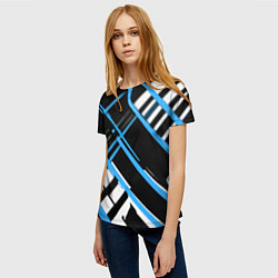 Футболка женская Сине-белые линии на чёрном фоне, цвет: 3D-принт — фото 2