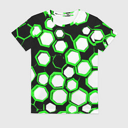 Женская футболка Бело-зелёные шестиугольники на чёрном фоне