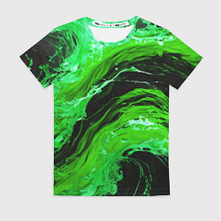 Футболка женская Зелёные брызги на чёрном фоне, цвет: 3D-принт