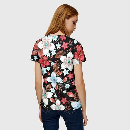 Женская футболка Красно-белые цветы на чёрном фоне / 3D-принт – фото 4
