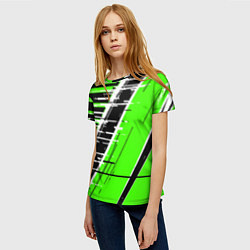 Футболка женская Чёрно-белые глитч полосы на зелёном фоне, цвет: 3D-принт — фото 2