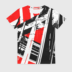 Женская футболка Чёрно-белые абстрактные линии на красном фоне