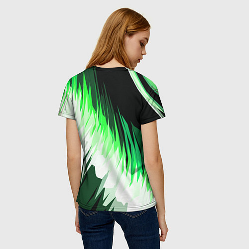 Женская футболка Зелёно-белая абстракция на чёрном фоне / 3D-принт – фото 4