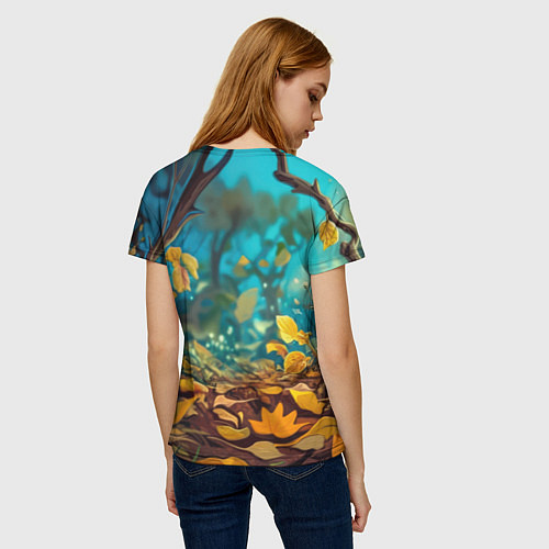 Женская футболка Милые ежик с цыпленком в осеннем лесу / 3D-принт – фото 4