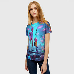 Футболка женская Рик и Морти на планете неоновых грибов - нейроарт, цвет: 3D-принт — фото 2