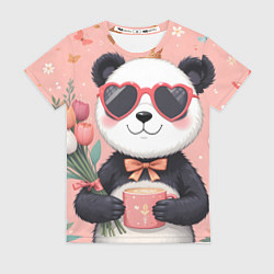 Женская футболка Панда с поздравлениями и с цветами
