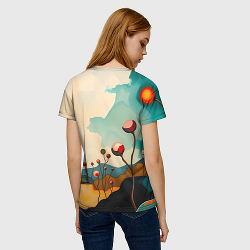 Женская футболка Сюрреалистичный пейзаж с цветами / 3D-принт – фото 4