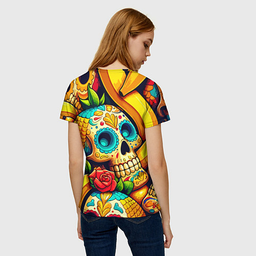 Женская футболка Colorfull skulls and bananas - pop art pattern / 3D-принт – фото 4