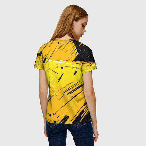 Женская футболка Желтая краска на черном фоне / 3D-принт – фото 4