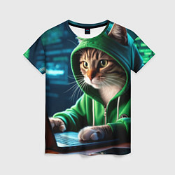 Женская футболка Котенок хакер за ноутбуком