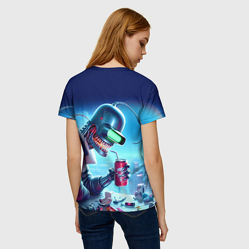 Женская футболка Кибер Бендер пьёт лимонад - неоновое свечение / 3D-принт – фото 4