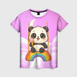 Женская футболка Панда с мороженым качается на радуге
