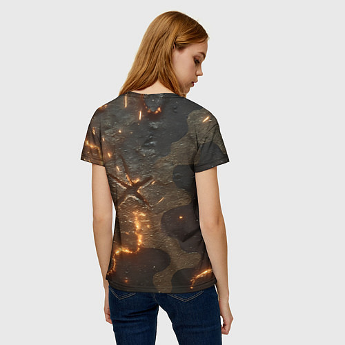 Женская футболка Искры в разломах на камуфляже / 3D-принт – фото 4