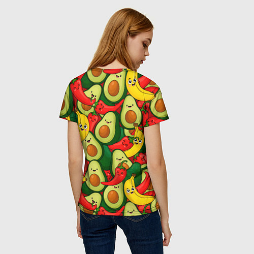 Женская футболка Авокадо, бананы, перцы чили улыбаются - паттерн фр / 3D-принт – фото 4