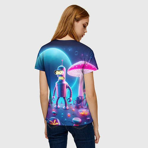 Женская футболка Робот-сгибальщик Бендер и неоновые грибы / 3D-принт – фото 4