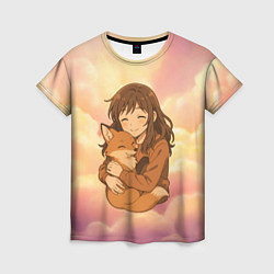 Футболка женская Девочка обнимает лисичку, цвет: 3D-принт