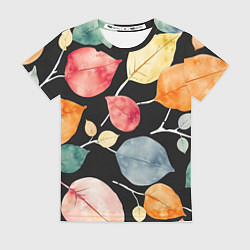 Футболка женская Разноцветные акварельные листья на чёрном, AI, цвет: 3D-принт
