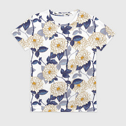 Футболка женская Цветы с синими листьями, цвет: 3D-принт