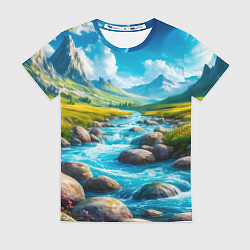 Футболка женская Пейзаж художественный горы речка камни, цвет: 3D-принт