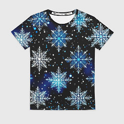 Женская футболка Стилизованный чёрно-синий со снежинками