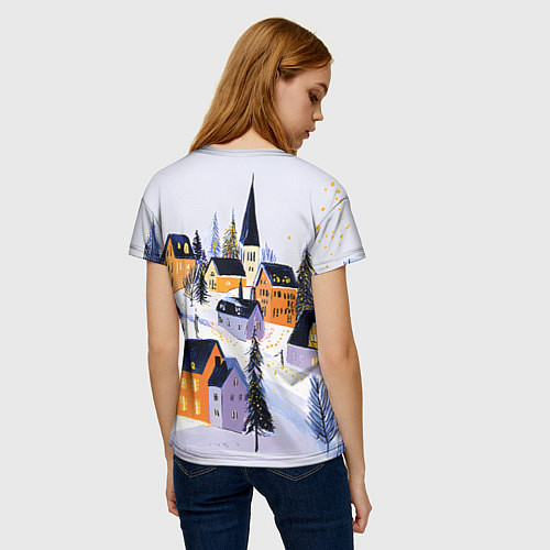 Женская футболка Новогодние домики на горе / 3D-принт – фото 4