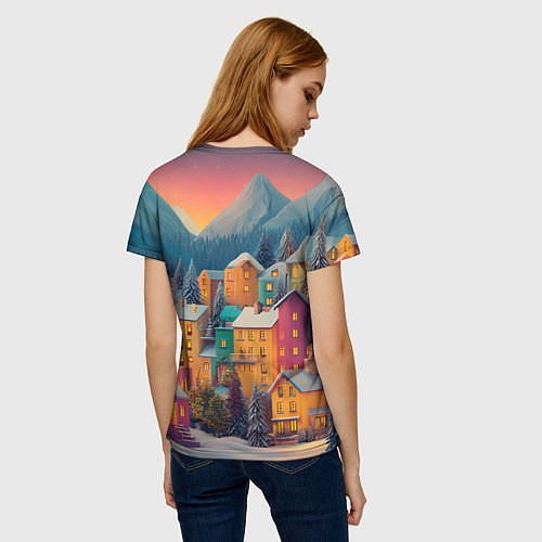 Женская футболка Новогодний город в горах / 3D-принт – фото 4