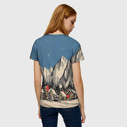 Женская футболка Небольшой новогодний город в горах / 3D-принт – фото 4