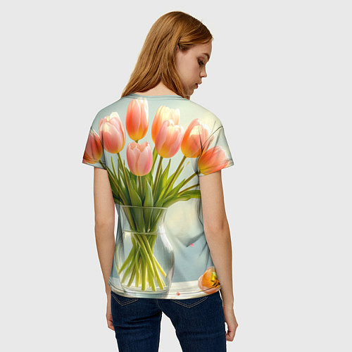 Женская футболка Нежно-розовые тюльпаны в лучах весны / 3D-принт – фото 4