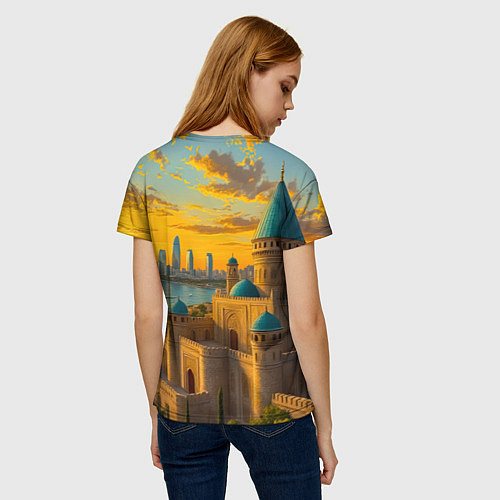 Женская футболка Баку сплетение эпох на закате / 3D-принт – фото 4