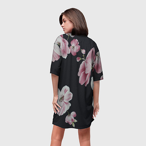 Женская длинная футболка Цветы на черном фоне / 3D-принт – фото 4