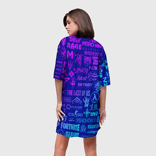 Женская длинная футболка Неоновые геймерские лого / 3D-принт – фото 4
