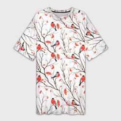 Футболка женская длинная Снегири в зимнем лесу, цвет: 3D-принт