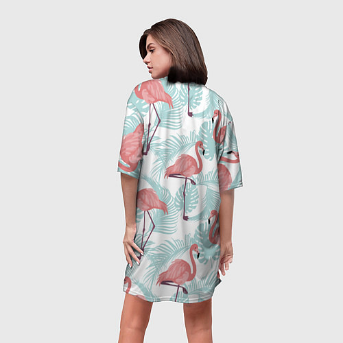 Женская длинная футболка Узор фламинго и тропических растений / 3D-принт – фото 4
