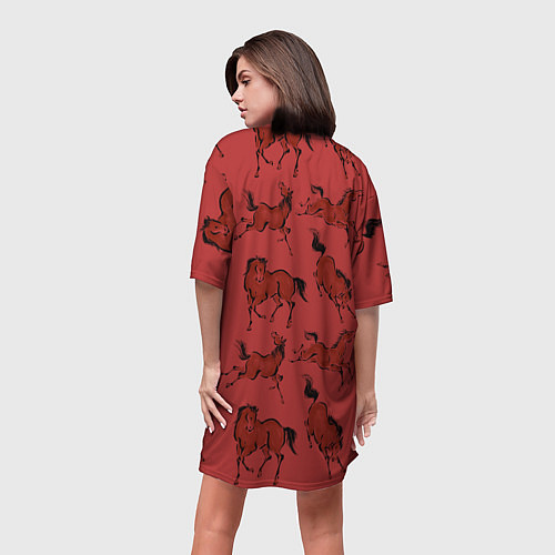 Женская длинная футболка Красные кони / 3D-принт – фото 4