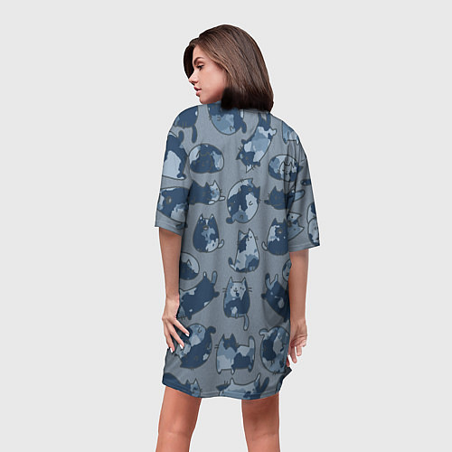 Женская длинная футболка Камуфляж с котиками серо-голубой / 3D-принт – фото 4
