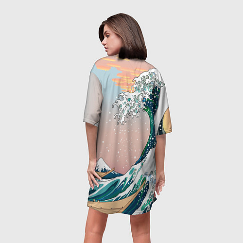 Женская длинная футболка Большая волна в канагаве / 3D-принт – фото 4